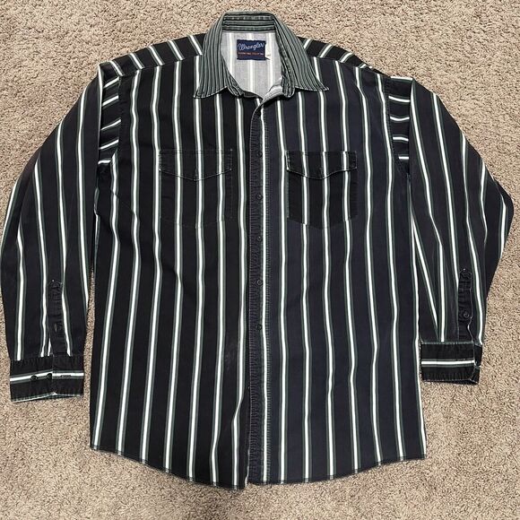 VTG Wrangler Shirt Men XLT Black Brushpopper Striped Faded Distress X-Long Tails - Picture 1 of 9